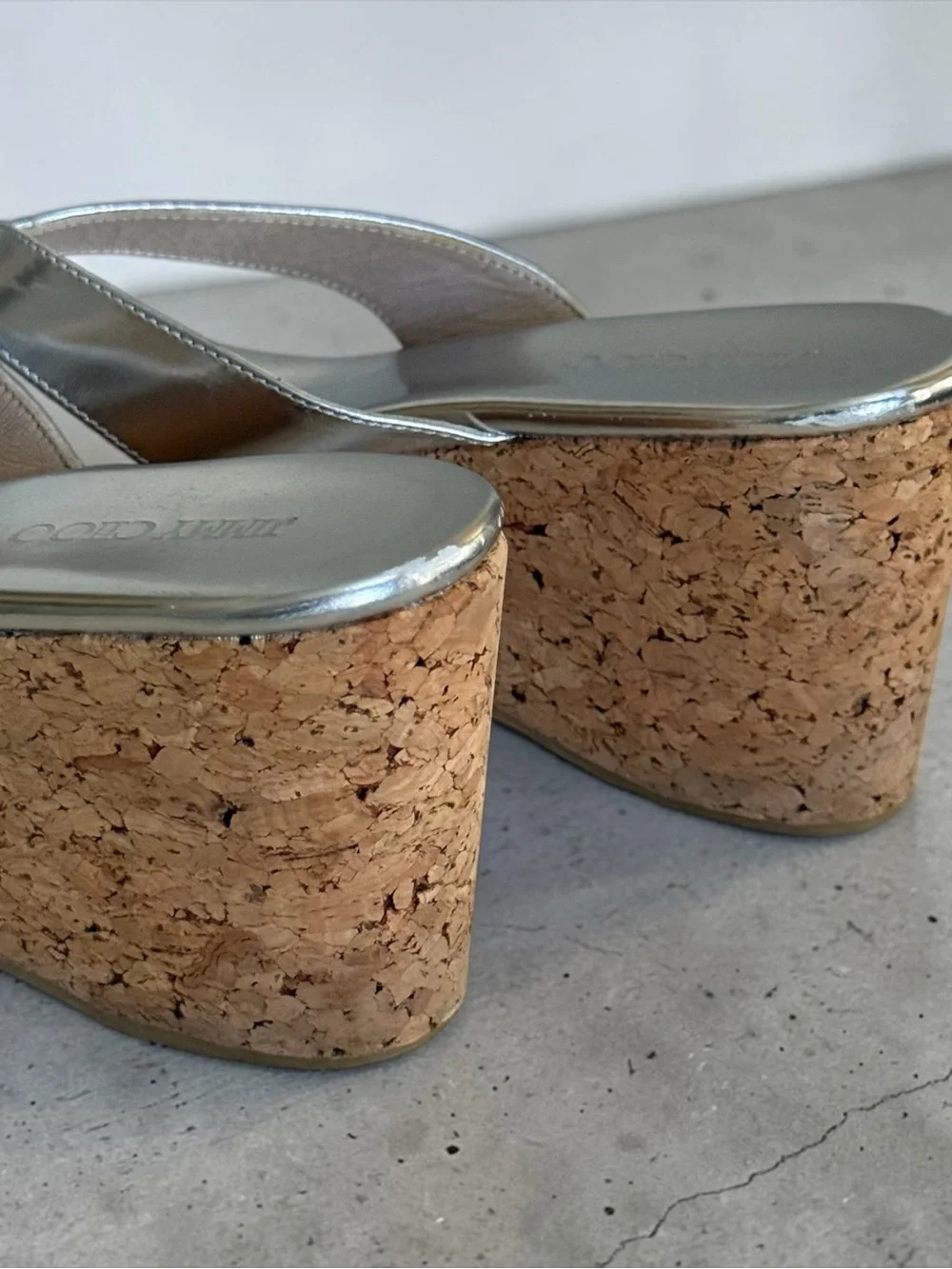 Jimmy Choo Silver Metallic Cork Wedge Thong Sandals! Size 37